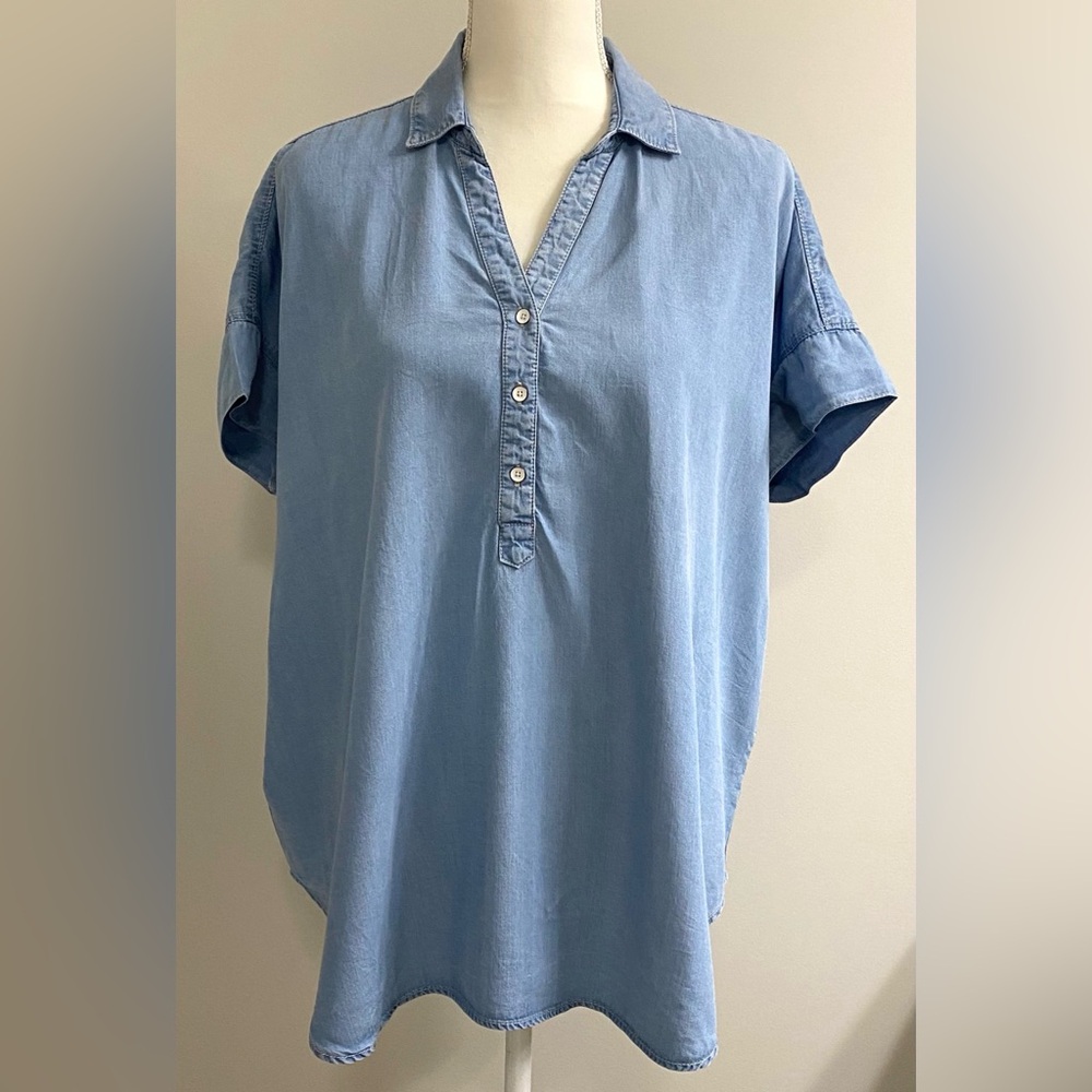 GAP Womens L Solid Blue Oversized Denim Top Boho 90s Minimalism Cottagecore - Picture 13 of 13